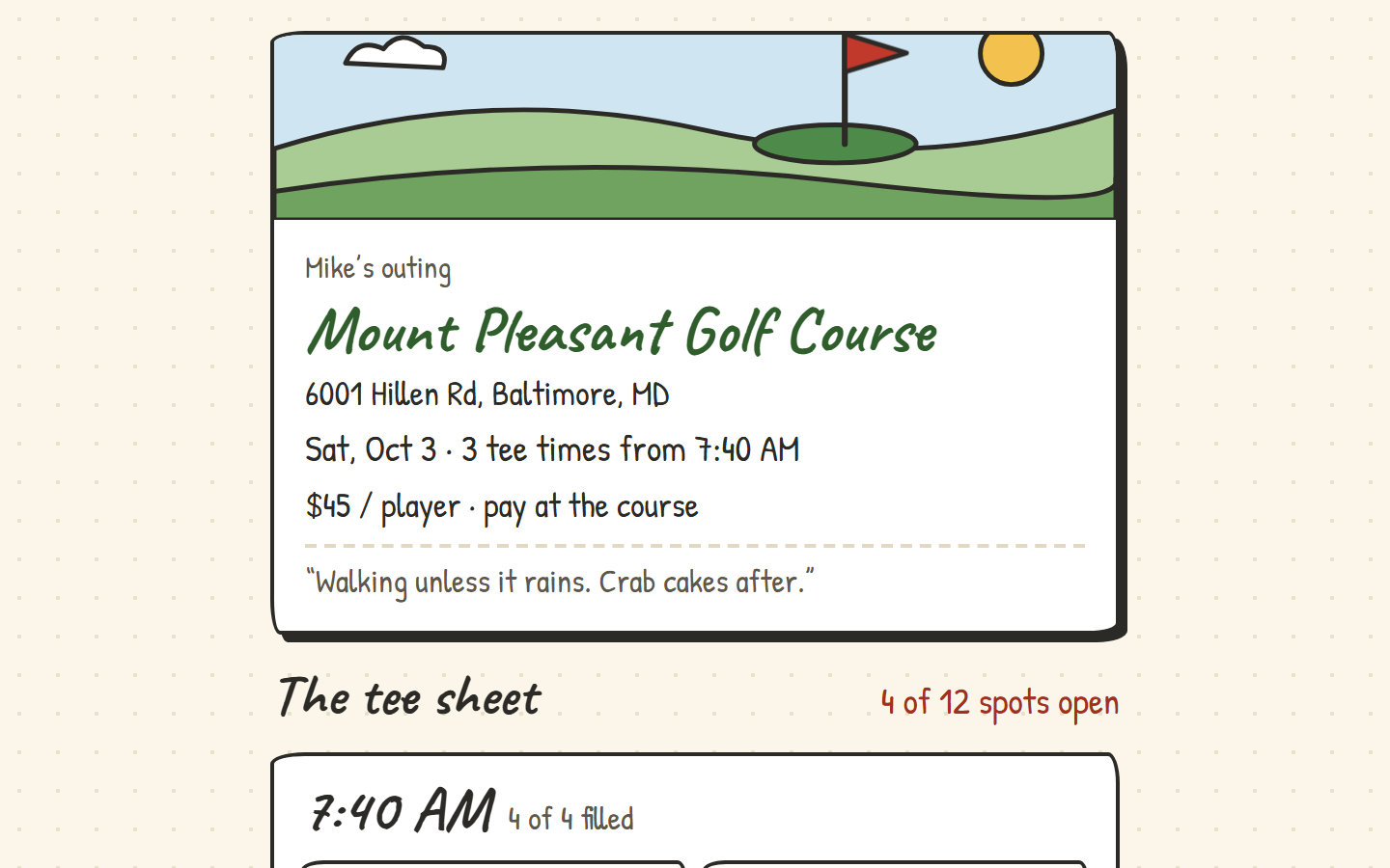 Ironed Out invite page for a Saturday outing at Mount Pleasant Golf Course, with a hand-drawn course illustration, the price and note, and the start of the tee sheet showing 4 of 12 spots open