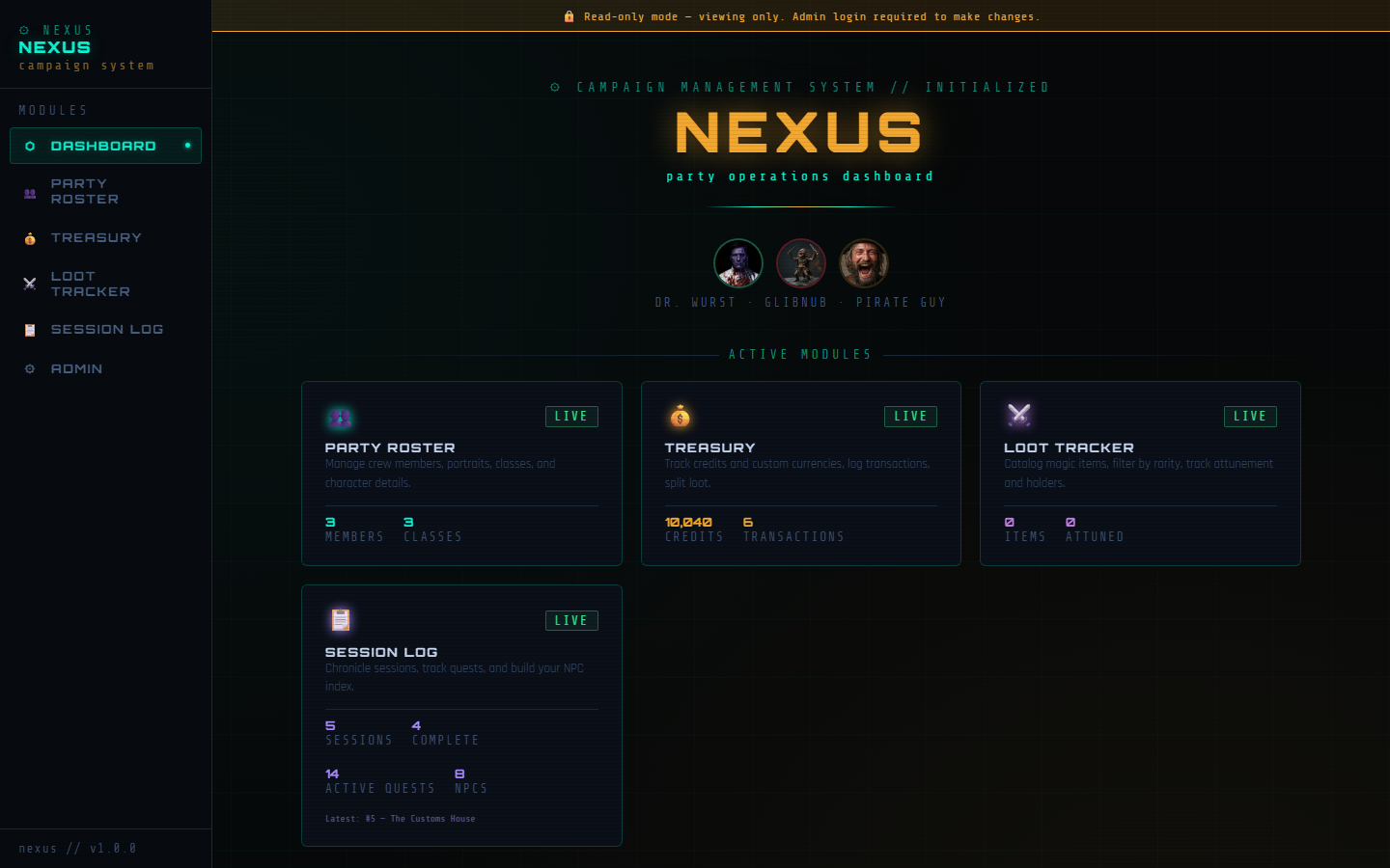 Nexus campaign dashboard with party roster, treasury, loot tracker and session log modules
